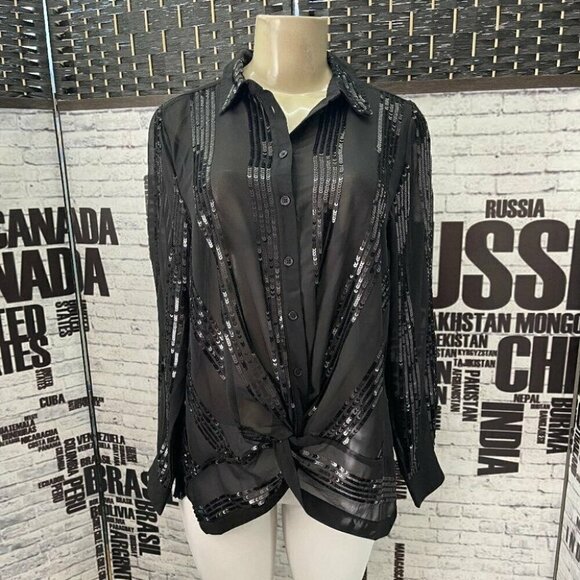 Roaman's 12W Black Sheer Sequin Collar Button Knotted Front Long Sleeve Blouse - Picture 2 of 6